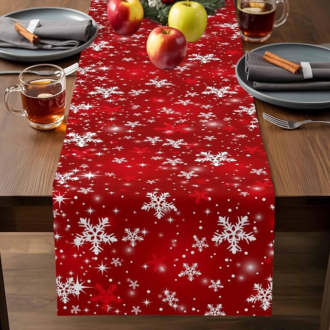 Red Christmas Short Table Runners 36 Inches, Cotton Linen Fabric Snowflake - Image 7