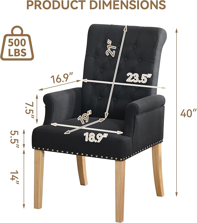 Fabric Dining Chair with Arms, Upholstered Tufted High Back Dining Room Chairs, Accent Armchair with Solid Wood Leg and Nailhead Trim, Kitchen Dining Living Room, Black