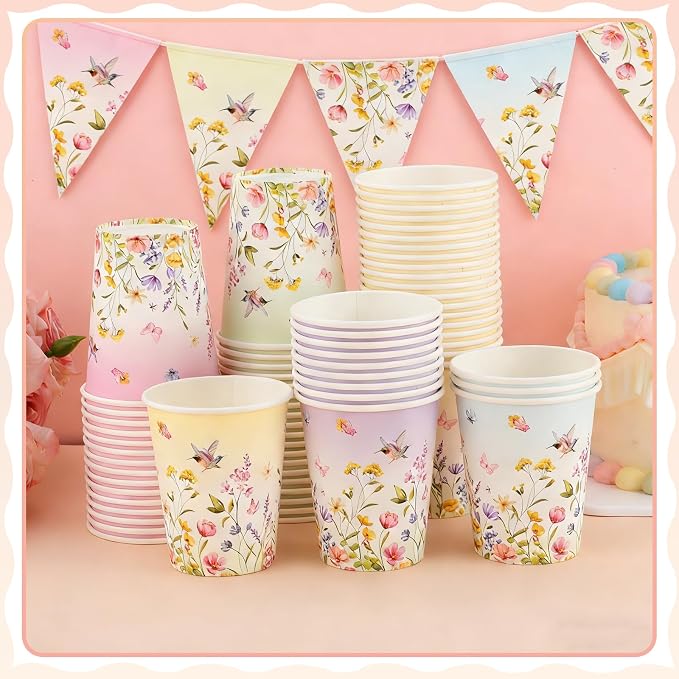 NatNarr 100 Pack Floral Paper Cup, 9oz Disposable Wildflower Paper Cups | Tea - Image 3