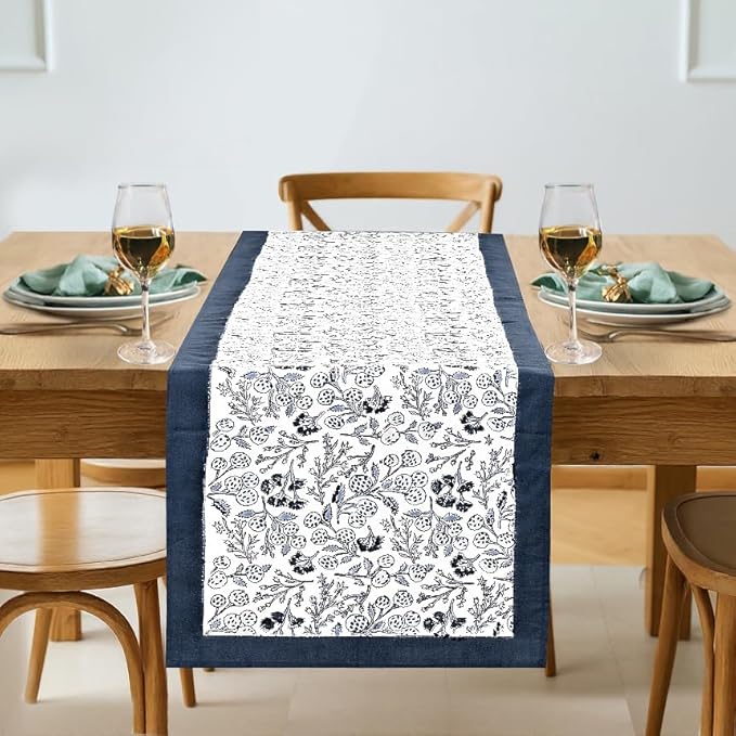 Denim Blue Hand Block Print 100% Cotton Table Runner 16x90 Inch | Perfect by Ridhi