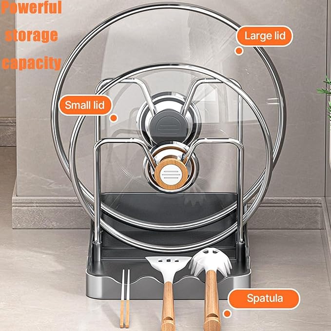 Kitchen Pot Lid Storage Rack, Pot Lid Organizer,Pot Lid Holder with Removable Drip Tray,Stainless Steel Bracket,Detachable design,Suitable for Placing pot Lids, Spoons, Cutting Boards, etc (Gray)