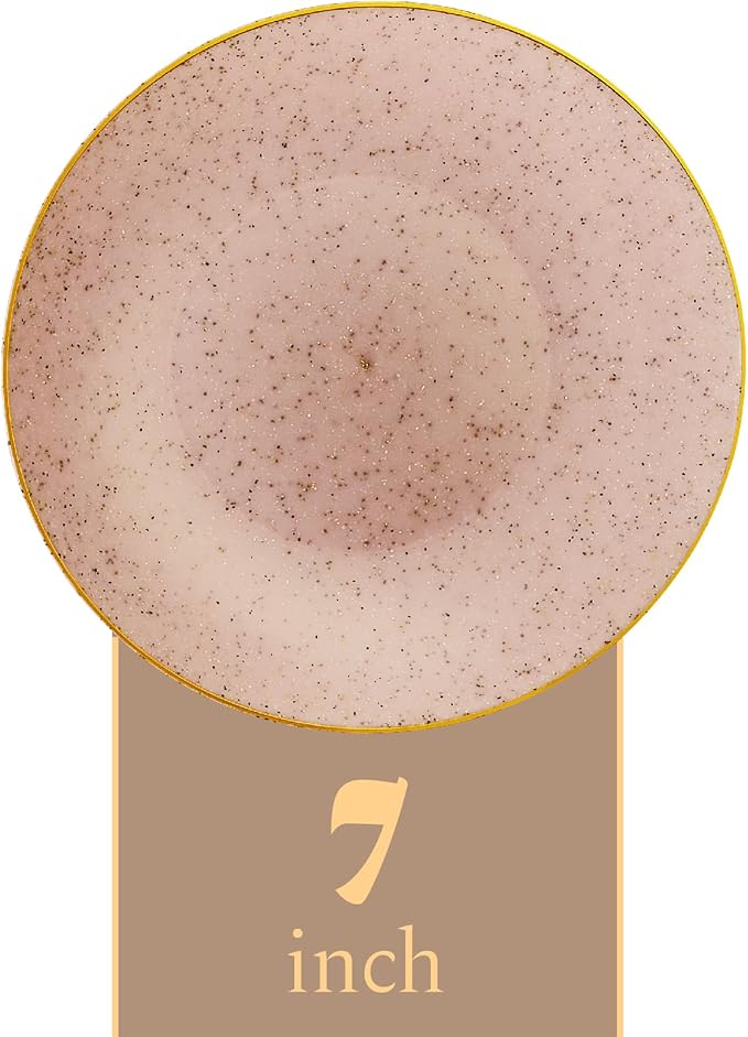 PLASTICPRO 30 Pack Disposable Plastic Plates Heavyweight Granite Look Elegant 7 inch Dinner Plates Pink with Gold Rim
