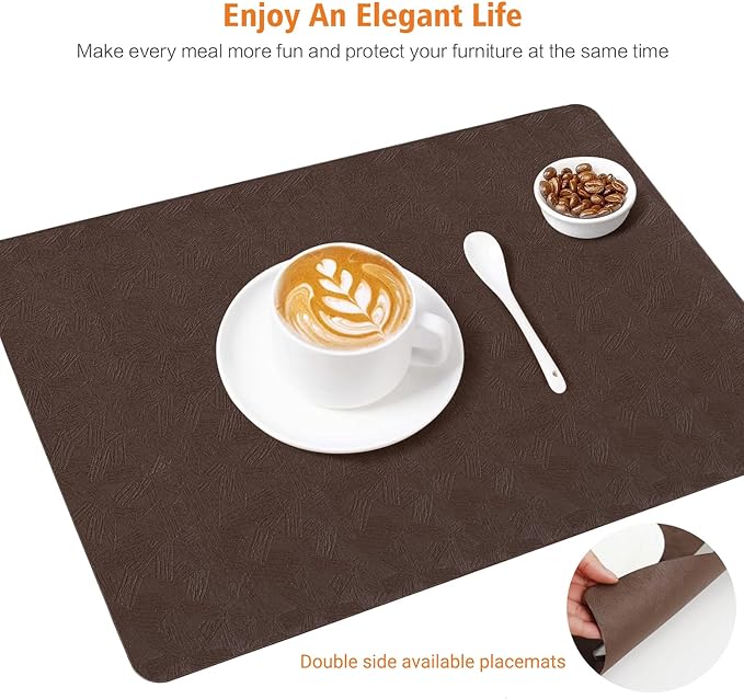 Vinyl Placemats Set of 8 Heat Resistant Easy Clean Non-Slip Place Mats for Dining Table Faux Leather Waterproof Stain Resistant Wipeable Washable PVC Table Mats(8, Brown)