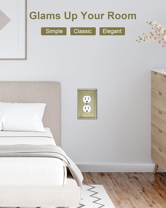 2-Pack Single Duplex Outlet Cover Plate, Decorative Antique Brass Switch Plates and Outlet Covers, Metal Wall Plates for Electrical Outlets, 1 Gang Receptacle Cover, Corrosion Resistant