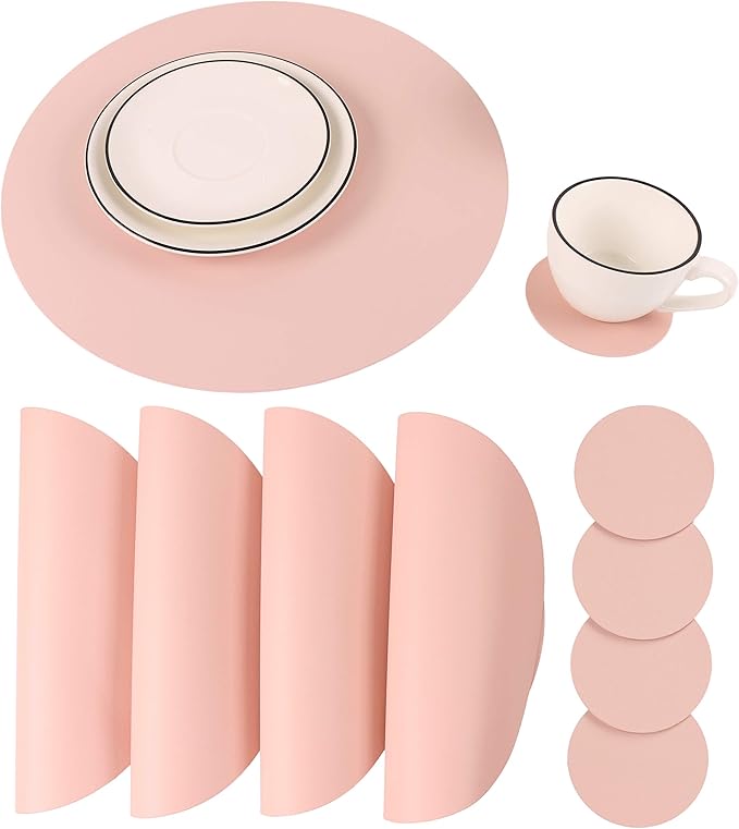 Round Table Placemats and Coasters, Vinyl Faux Leahter Coffee Mats Kitchen Mats, Waterproof, Easy to Wipe Off for Kitchen Dining Round Table