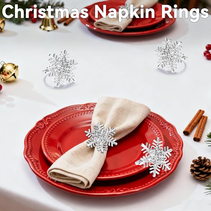 ZeeDix Christmas Silver Snowflake Napkin Rings Set of 6, Napkins Ring for Dinning Table - Rustic Dinner Tables Decoration for Wedding Receptions Christmas Thanksgiving Holiday Party Dinner Parties