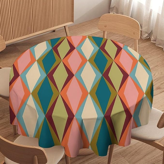 Abstract Geometric Boho Round Tablecloth, Retro Modern Mid Century Tablecloth for Home Party Dining Room Kitchen Decor 70Inch(178cm)