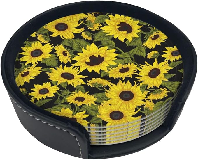 Drink Coasters with Holder Stand Set of 6, Sunflower Pu Leather Absorbent - Image 6