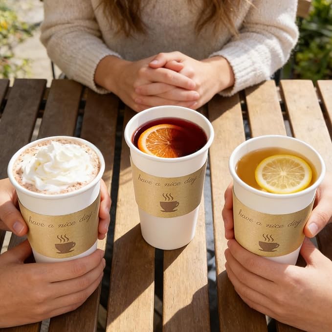 50 Pack 20 oz Disposable Paper Coffee Cups, Paper To Go Cups with Lids, Sleeve and Straw, Hot Paper Cups for Home, Office and Party (White 20oz)