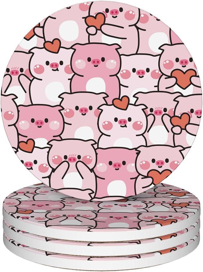 Drink Coasters Set of 4,Cute Pig with Heart Coasters for Drinks Ceramic Coasters with Cork Bottom for Kinds of Mugs and Cups,Home Decor,4''