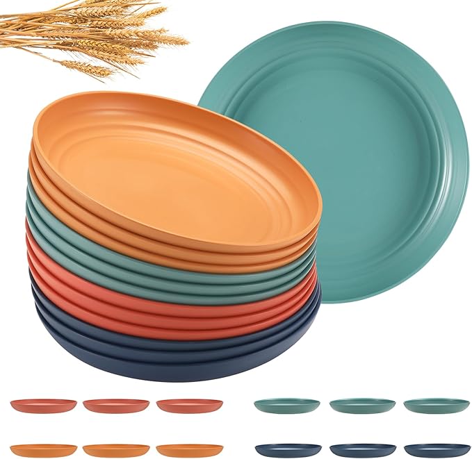 12 Pcs Unbreakable Deep Dessert Plates Set, 8 inch Reusable Plastic Wheat Straw Plates, Microwave and Dishwasher Safe Plate for Kitchen, Lightweight Plate for Dessert, BPA Free, 4 Colors