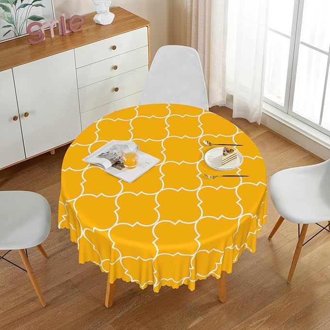 Laeacco 60 Inch Morocco Round Tablecloth Orange Geometric Lattice Modern Abstract Art Print Table Cloth Washable Waterproof Wrinkle Free Table Cover for Kitchen Dining Picnic Party Decoration