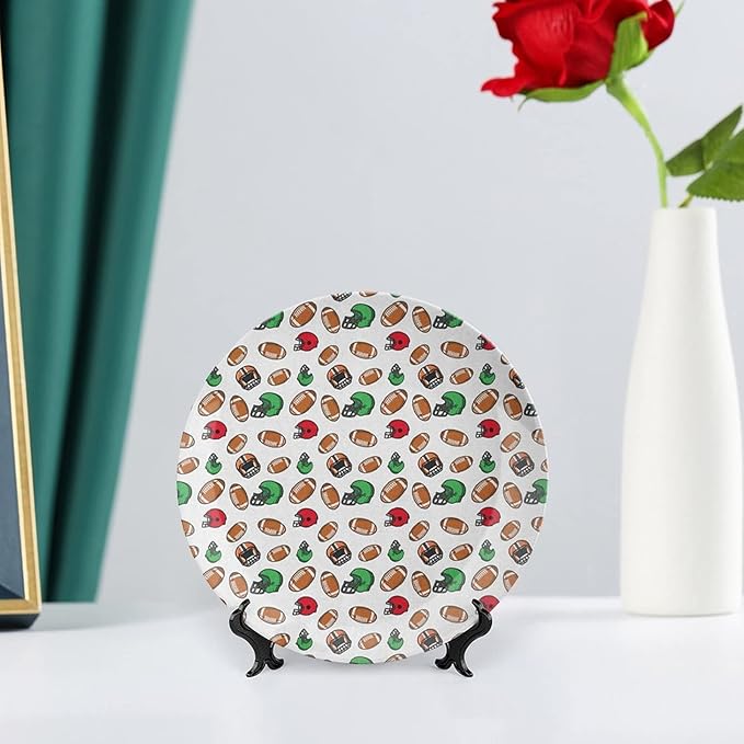 Ceramic Display Plate, American Football Ceramic Hanging Decorative Plate, Cartoon Style Rugby Icons Balls American, 10 Inch, Living Room Kitchen Decoration Household, Multicolor