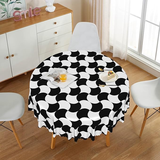 Laeacco 24 Inch Geometric Round Tablecloth Black and White Abstract Pattern Modern Art Print Table Cloth Washable Waterproof Wrinkle Free Table Cover for Kitchen Dining Picnic Party Decoration