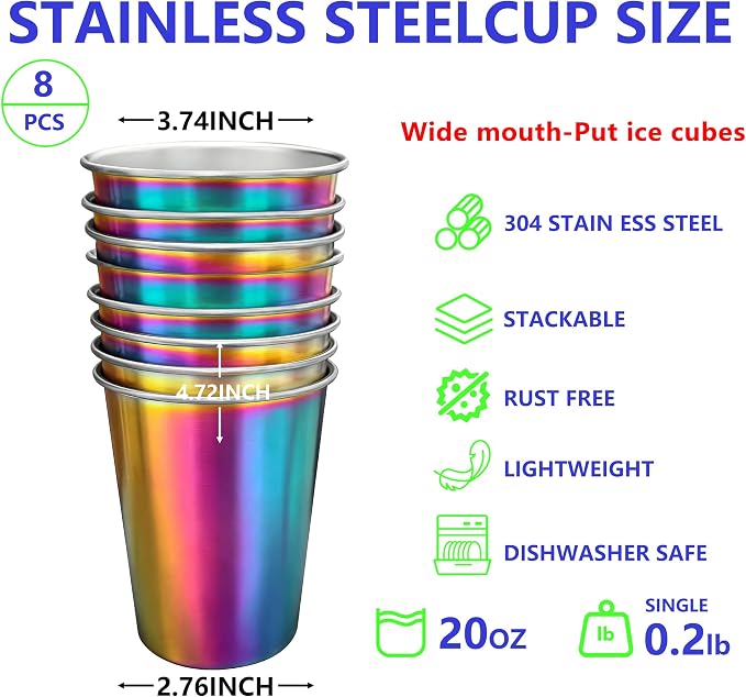 20oz 8PCS Stainless Steel Pint Cups, Reusable metal Cups, Drinking | Pint - Image 2