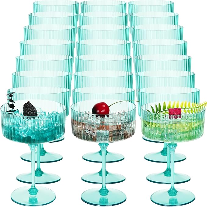24 Pcs Ribbed Martini Glasses 10 oz Disposable Plastic Vintage Ribbed Coupe Glasses Unbreakable Dessert Parfait Glassware for Wedding Birthday Party Supplies (Light Green)