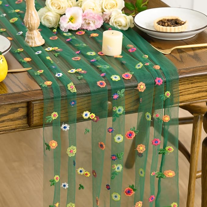 Artoid Mode Dark Green Embroidery Daisy Gauze Table Runner 120 Inch 10FT | by ArtoidMode