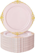 Nervure 100PCS Pink and Gold Plastic Plates - 7.5 inch Pink Plastic Plates with Gold Rim - Disposable Dessert Plate for Wedding & Party