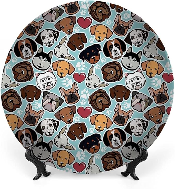 Decorative Plates, Dog Lover Print Ornament, Canine Breeds Bulldog Chihuahua Siberians and Retriever, 8 Inch, Kitchen Wall Decor, Multicolor