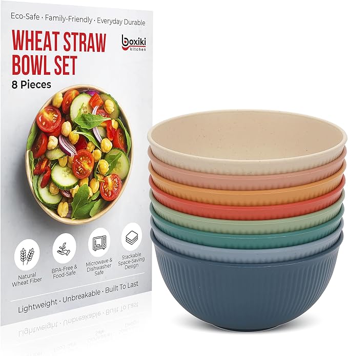 Boxiki Kitchen Wheat Straw Bowl Set – 8-Piece | Unbreakable Lightweight Cereal, Salad & Soup Bowls | Eco-Friendly BPA-Free Dinnerware | Microwave & Dishwasher Safe, Stackable