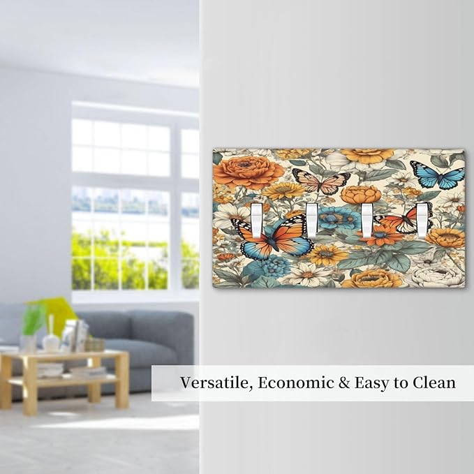 Light Switch Cover Vintage Colorful Floral Butterfly Flowers 4 Gang Switch Plate Quad Toggle Wall Plates Decorative Switchplate Electrical Outlet Cover for Bathroom Bedroom Decor