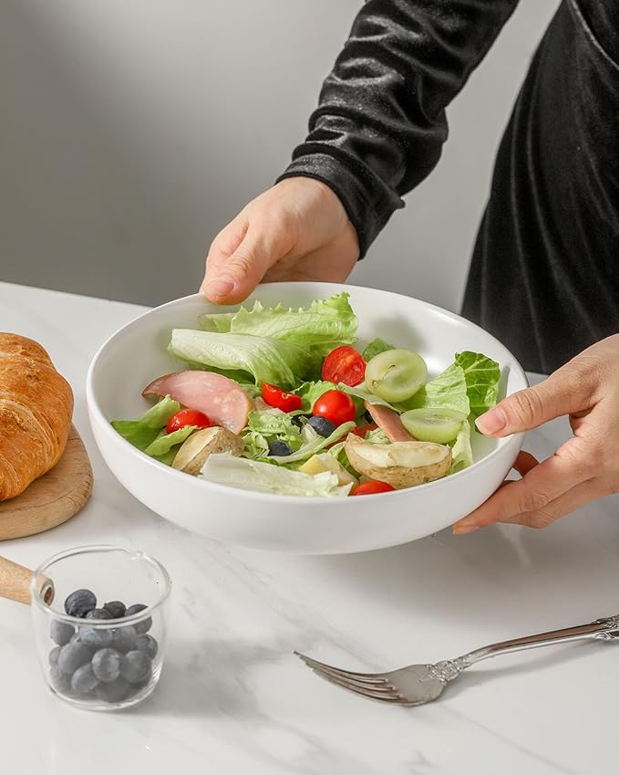 Pasta Bowls Set of 4, Stoneware 34 oz Salad Bowls, Ceramic Bowl Plates for Pasta, Salad, Fruit, Cereal, Soup, Wide Shallow Bowls, Microwave & Dishwasher Safe, Matte White