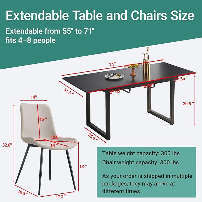 Extendable Dining Table Set for 8, 55"–71" Modern Black Kitchen Table with 8 Upholstered Chairs, Space-Saving for Living Room Apartment, Sturdy & Comfortable, Easy Assembly