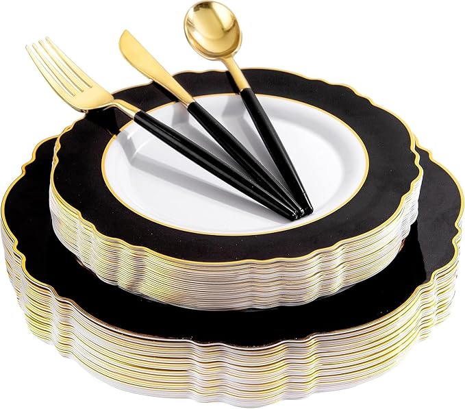 WDF 30Guest Black and Gold Plastic Plates - New Year Plates - Gold Plastic Silverware With Black Handle Baroque Black and Gold Disposable Dinnerware for New Year &Parties