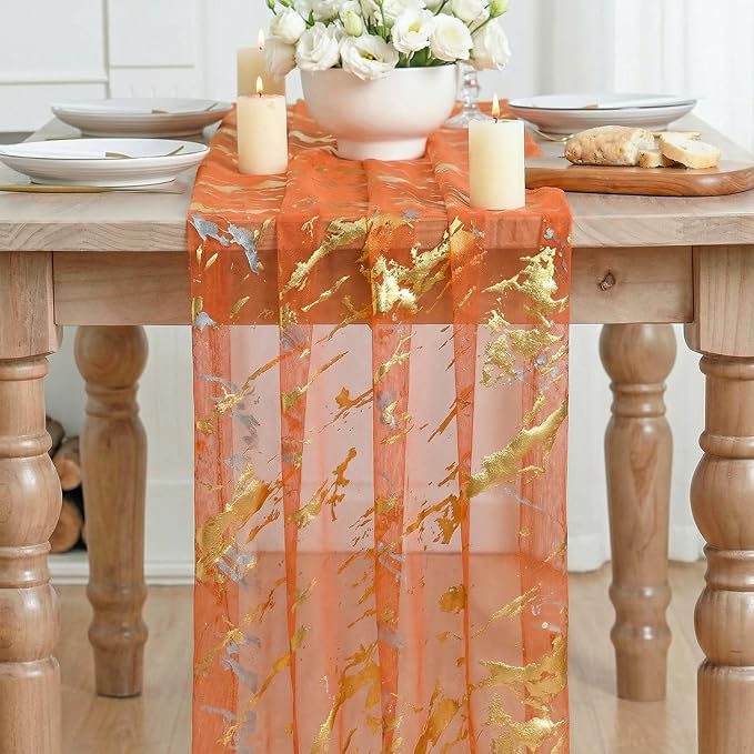 Artoid Mode Marble Pattern Orange Gauze Table Runner 10FT, Glitter Metallic - Image 2