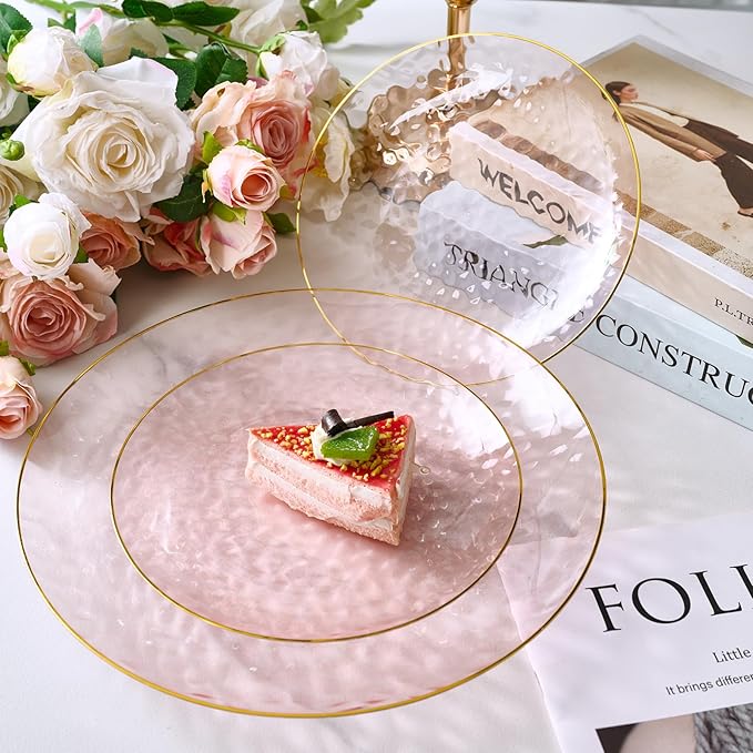 FOCUSLINE 60Pcs Clear Plastic Plates, Pink Disposable Plates with Gold Rim, 30 7" Salad Dessert Plate and 30 10" Dinner Plate Heavy-duty Hammered Plates for Party, Wedding