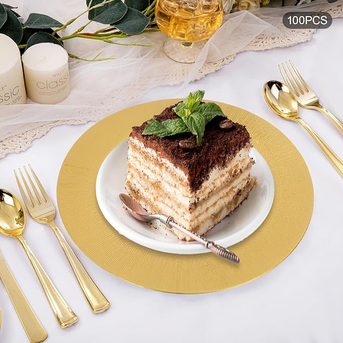 Charger Plates, 100pcs Gold 13inch Plastic Dinner Plate, Round Plastic Dinner Plate with Delicate Texture for Parties Wedding (Gold)