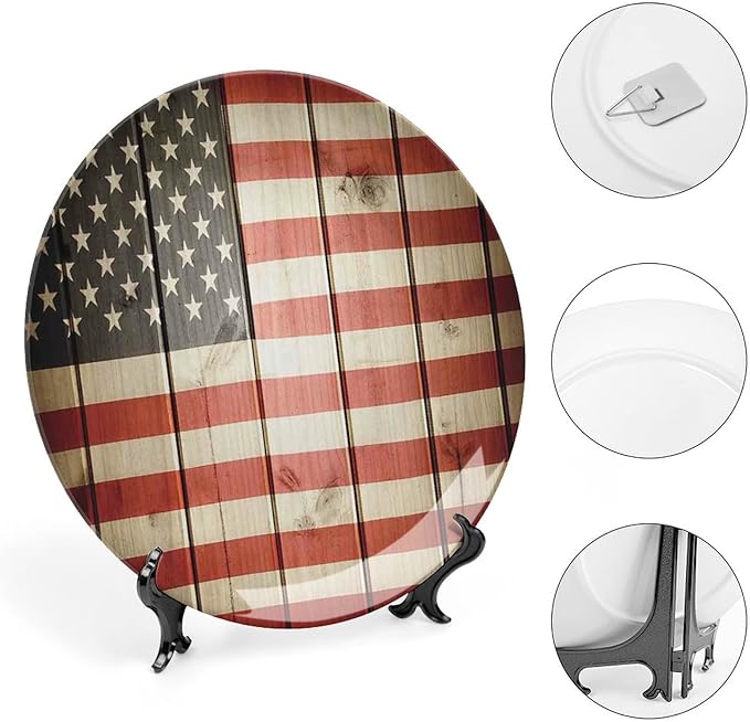 Ceramic Plates, American Flag Decor Decorative Ceramic Plates, USA Flag Over Vertical Striped Wooden Board, 8 Inch, for Dining, Parties, Wedding, Blue Red