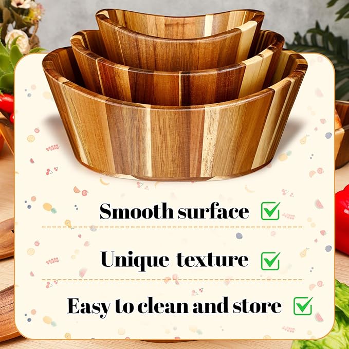 Yunlly Wooden Salad Bowl Set of 5 - Large Fruit Mixing Bowls with Salad Servers Utensils for Serving Dining Accessory - Handmade - Acacia Wood - Large 12", Medium 10", Small 8" (Wavy Design)