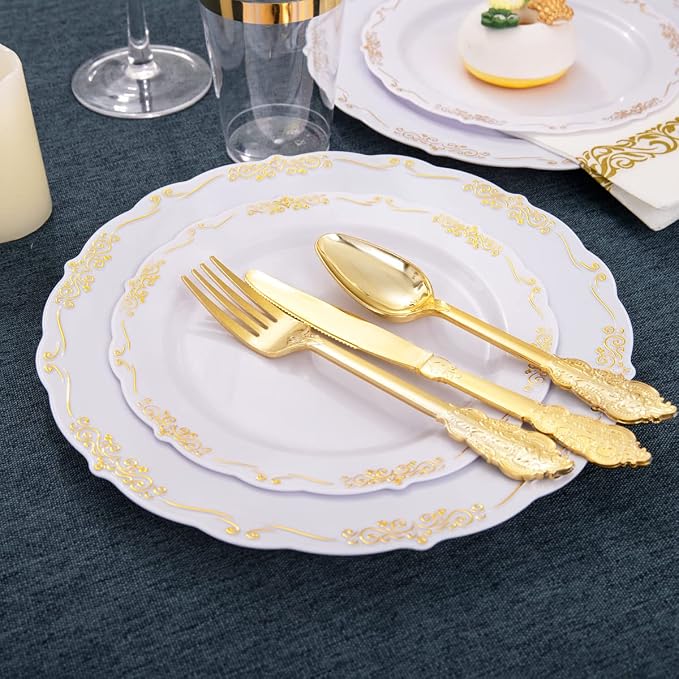 LIYH 350 Pcs Gold Plastic Dinnerware Set, 10 oz Cups - Image 5