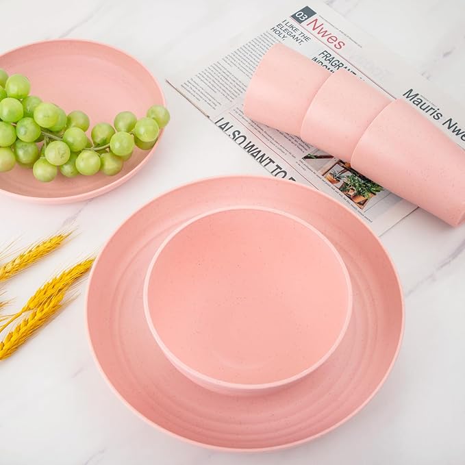 Supernal Pink Wheat Straw Dinnerware Sets,Unbreakable Dishes for 8, Plate and Bowls Sets, Reusable Plates, Dishwasher Safe Plates,Plastic Dinnerware Set, Pink Plastic Tableware