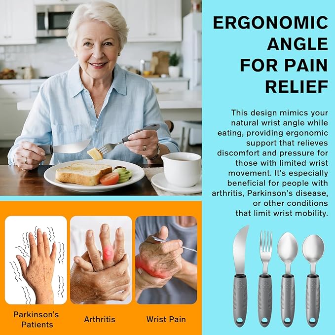 4PCS Weighted Adaptive Utensils, Parkinsons Utensils for Hand Tremors, Elderly, 3.5oz Weighted Utensils for Tremors and Parkinsons Patients, Disabled (Gray, Straight)