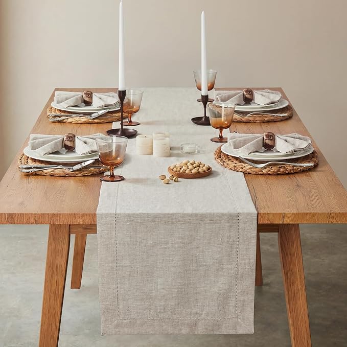 100% Pure French Linen Table Runner 72 Inches Long, Natural Hemstitch Tablecloth - Image 2