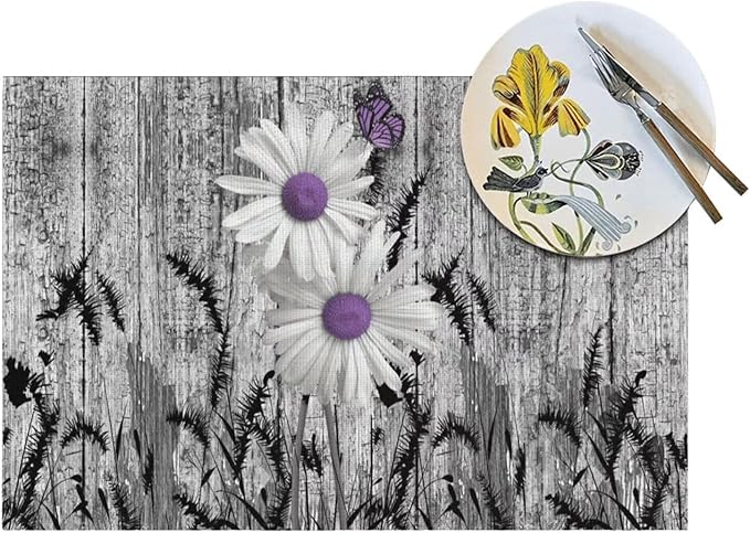 Placemats Set of 6 Rustic Floral Place Mats Farmhouse Daisy Woven Table Mats Washable Purple White Flower PVC Placemat for Dining Kitchen Decor Indoor Outdoor, 12 x 18 Inch