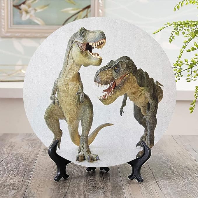 Ceramic Plates, Dinosaur Decorative Ceramic Plates, Tyrannosaurus Rex Pair Facing Off Ferocious Creatures, 10 Inch, Household Plates Decorative, Ivory Brown Grey