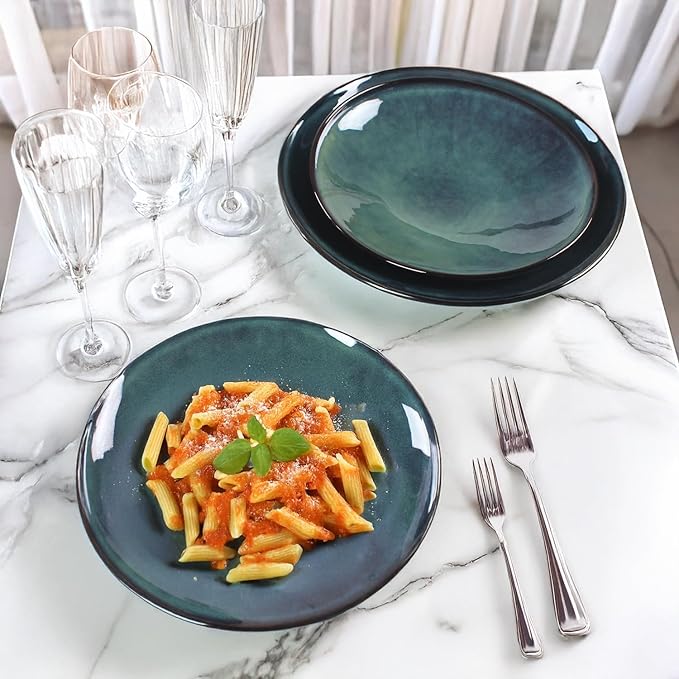 Ceramic Pasta Bowls, 28.2-ounce Pasta Dishes, Reactive Glaze Pasta Bowls, Set of 4, Large, Wide-Mouth Bowls for Salads, Desserts, and Fruit, Microwave-, Dishwasher-, and Oven-Safe.