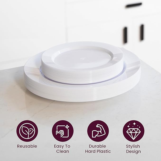 Aya's 120 Pack White Plastic Plates for Party - Round, Heavy Duty, Disposable Plate Set, 60 Each of 10" Dinner and 7.5" Salad Dessert Plates - Ideal for Weddings, Holidays, and Special Events