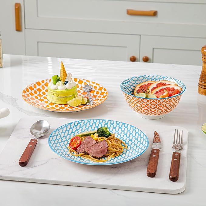 Ceramic Salad Plates Set - 8.5 Inch Round Porcelain Dinner Dishes for Dessert Pasta Appetizer Sandwich - Scratch Resistant, Microwave Dishwasher Safe - Set of 6 - Assorted Colors