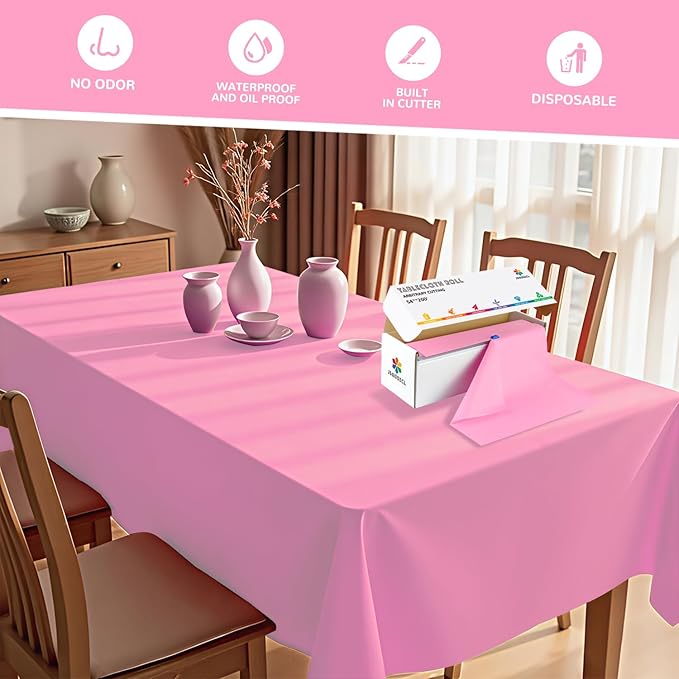 54 Inch X 200 Feet Plastic Table Cover Roll with Convenient Slide Cutter, Disposable Plastic Table Cloth Roll with Cut-to-Size Design for Weddings, Banquets, Parties (Pink)
