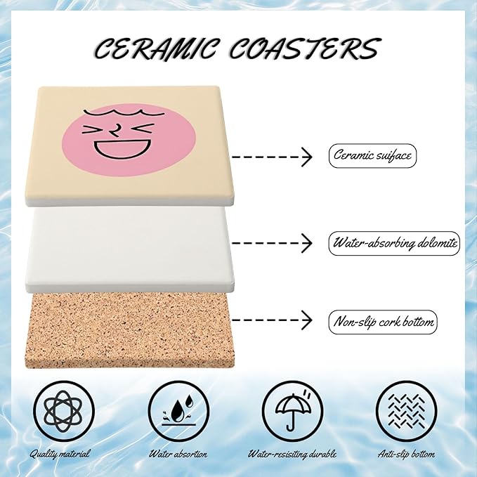 MAYCARI Cartoon Emotional Face Coasters Set of 6 Cork Backed Cute Coasters with Metal Holder Original Ceramic Surface Drink Cup Mats for Tabletop Protection Modern Desk Decoration Birthday Gifts