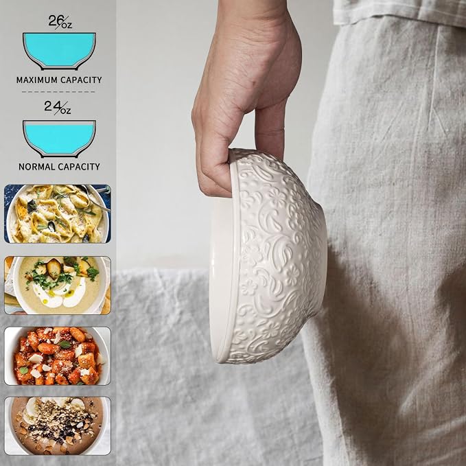 Ceramic Cereal Bowls 26 oz, Embossment Soup Bowls Set of 4, Dishwasher - Image 5