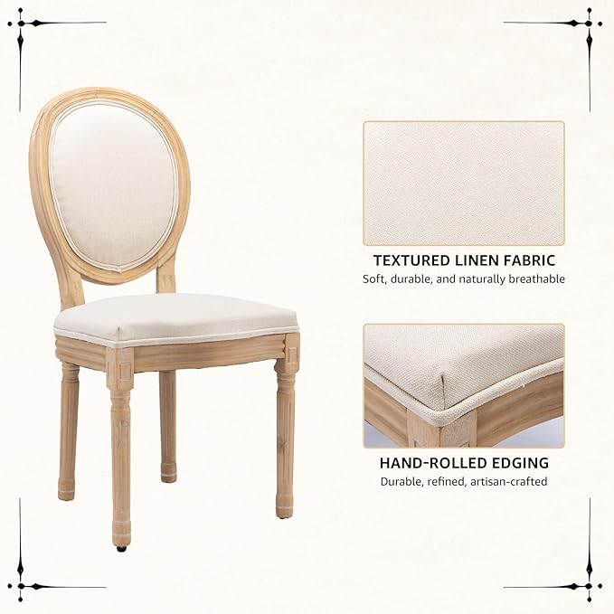 Vintage French Dining Chairs Set of 6, Round Back Accent Chairs with Linen Seat and Solid Wood Frame, Farmhouse Sillas de Comedor Upholstered for Dining Room & Kitchen, Beige