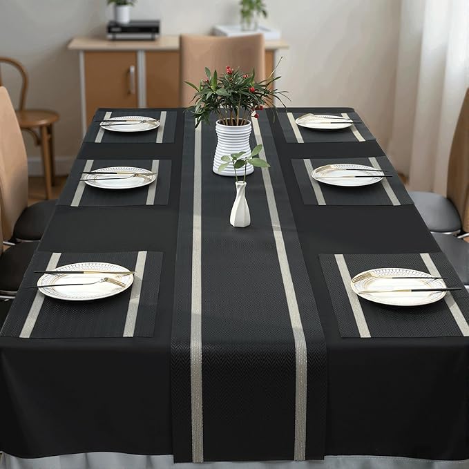 FAVE Placemats Set of 12 Black Placemats Woven with Golden Thread Vinyl Placemat for Wedding, Banquet, Birthday, Party, Restaurant Decorations(Black, 12"x18"-12PCS)