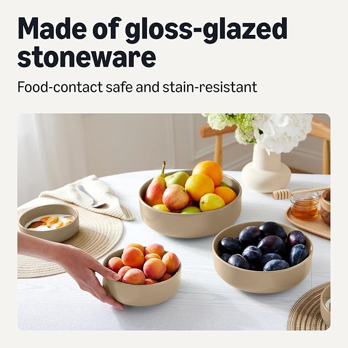 Amazon Basics Glazed Stoneware Serving Bowls, 3-Piece Set, Dishwasher-Safe, Linen Gray