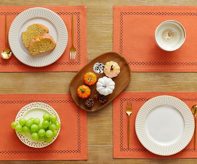 Orange Burlap Place Mats, Fall Placemats Set of 4, 12 x 18 Inch | Double Layer - Image 2