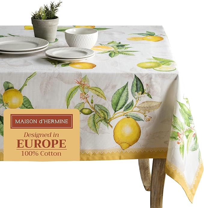 Maison d' Hermine Table Cloth Square Table 100% Cotton 60 x 60 Inches Tablecloth Reusable Decorative for Dining Room Farmhouse Home Valentines Day Decorations Spring Summer - Limoncello